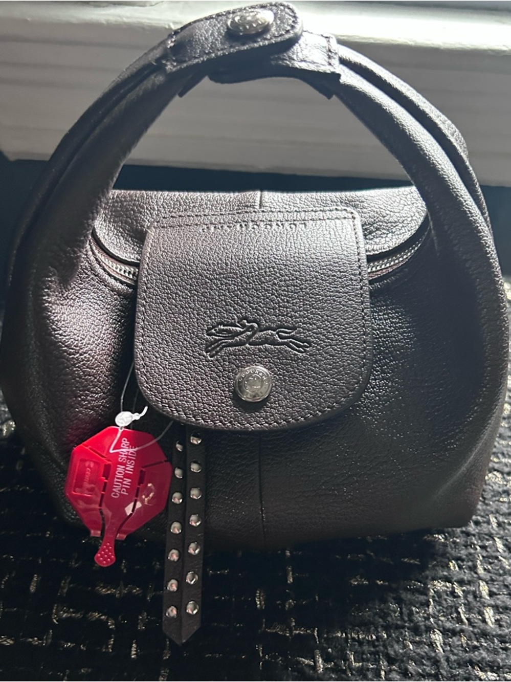 Longchamp Black Mini Leather Top-Handle Bag with Stud Tassel